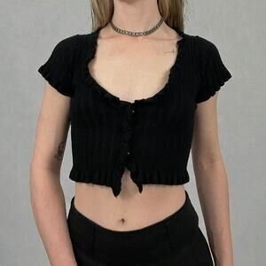 Better Be Black Ribbed Cropped Button Down Ruffled Short Sleeve Top